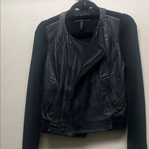BCBGMaxAzria Black Leather and Knit Sleeve Jacket